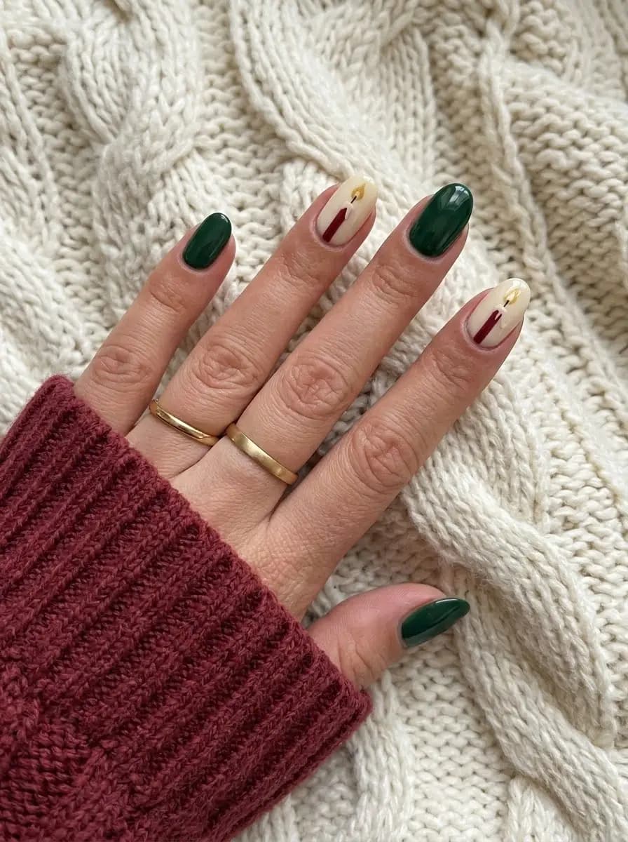 Forest green Christmas candle nails with neutral cream accent nails and delicate burgundy candles
