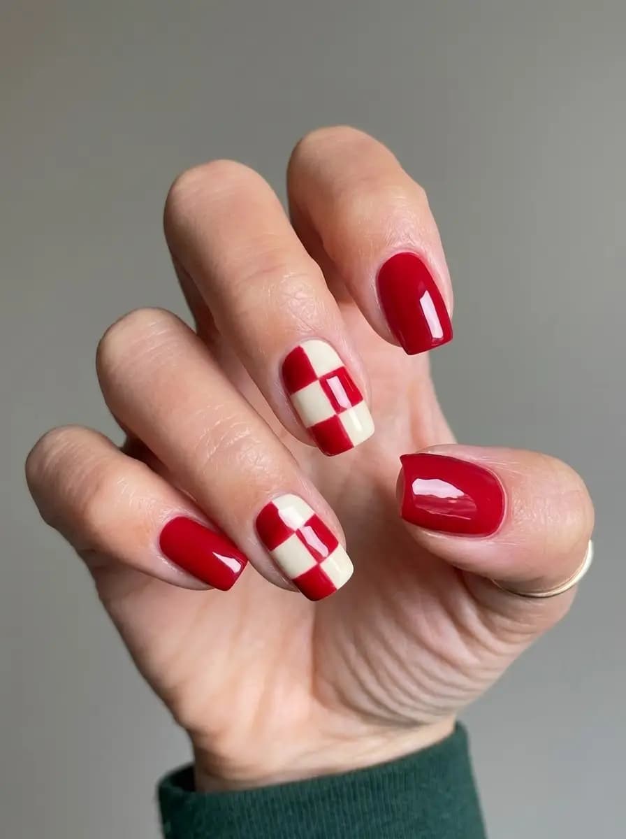 Glossy red and cream checkerboard Christmas nails with modern geometric checks
