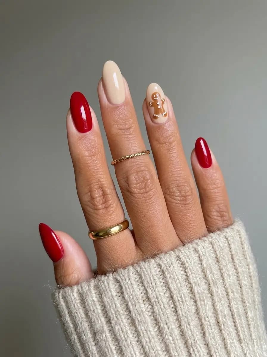 Red Christmas nails with a nude accent nail featuring a painted gingerbread man