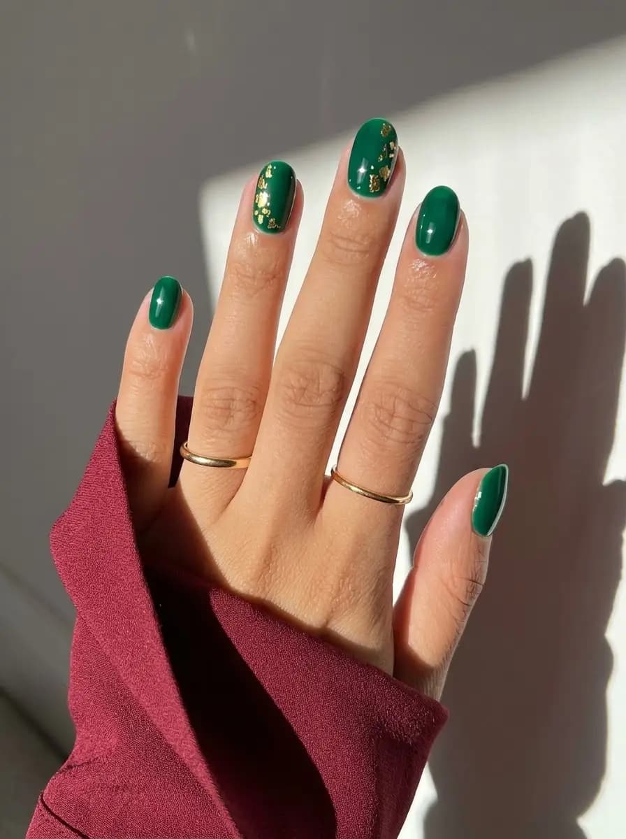 Deep green Christmas nails with scattered organic metallic gold foil accents