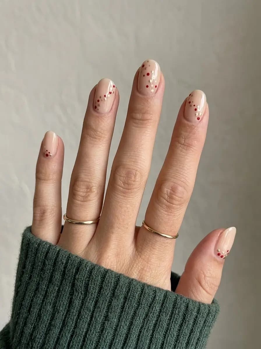 Minimal nude Christmas nails with delicate red and metallic gold dot clusters