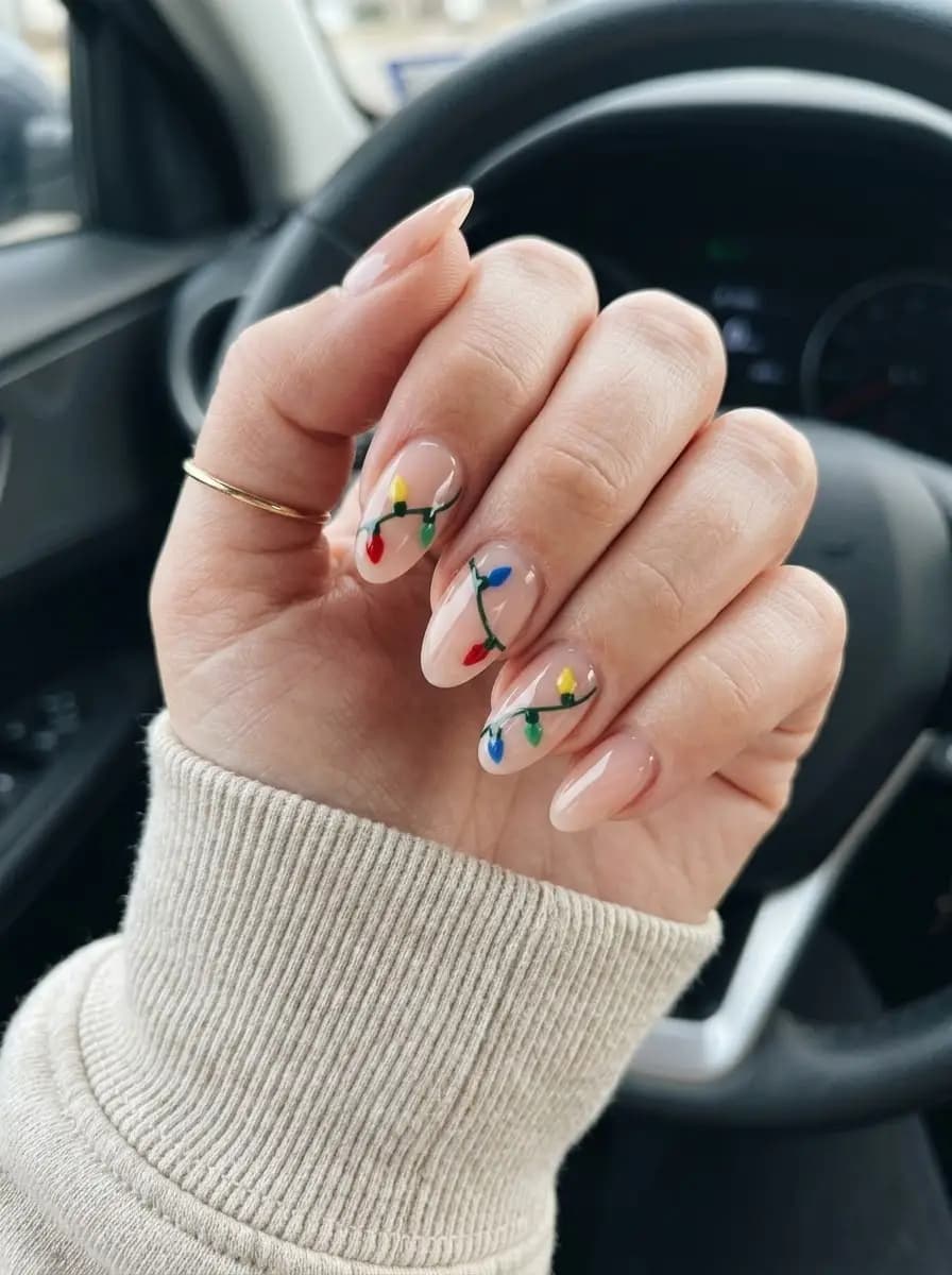 Colorful Christmas light string nails on a sheer nude base