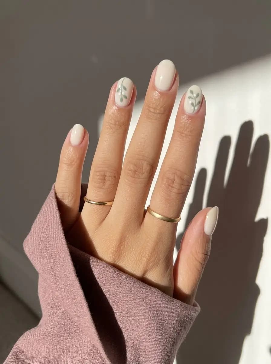 Cream Christmas nails with soft sage-green botanical branch and leaf art