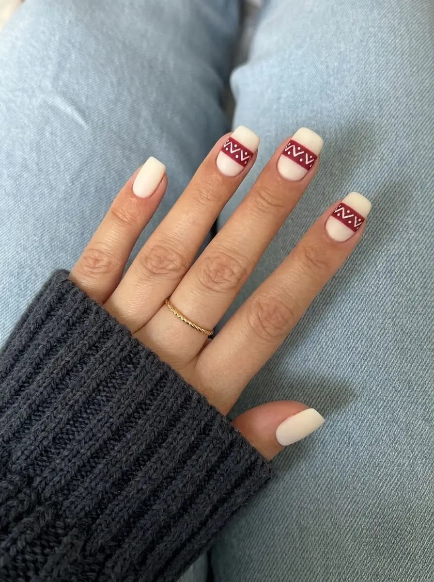Cream and burgundy Nordic sweater pattern Christmas nails with chevron lines