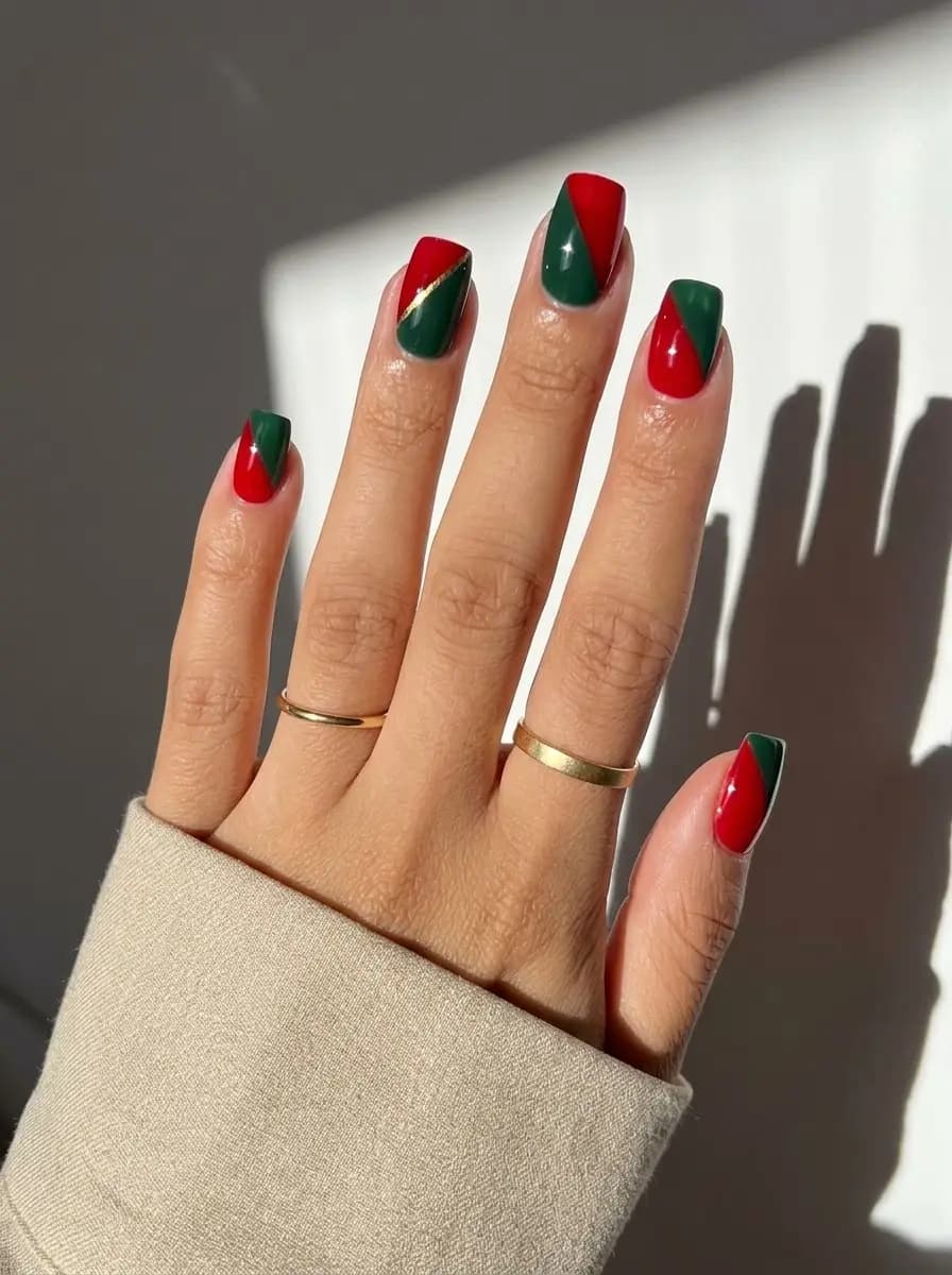 Modern red and green color-block Christmas nails with metallic gold line accent