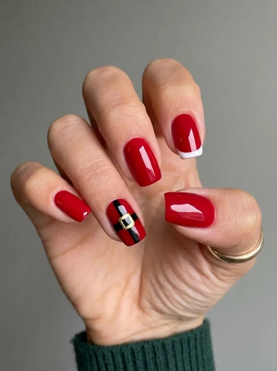 Glossy red Santa suit Christmas nails with black belt, gold buckle, and white tip