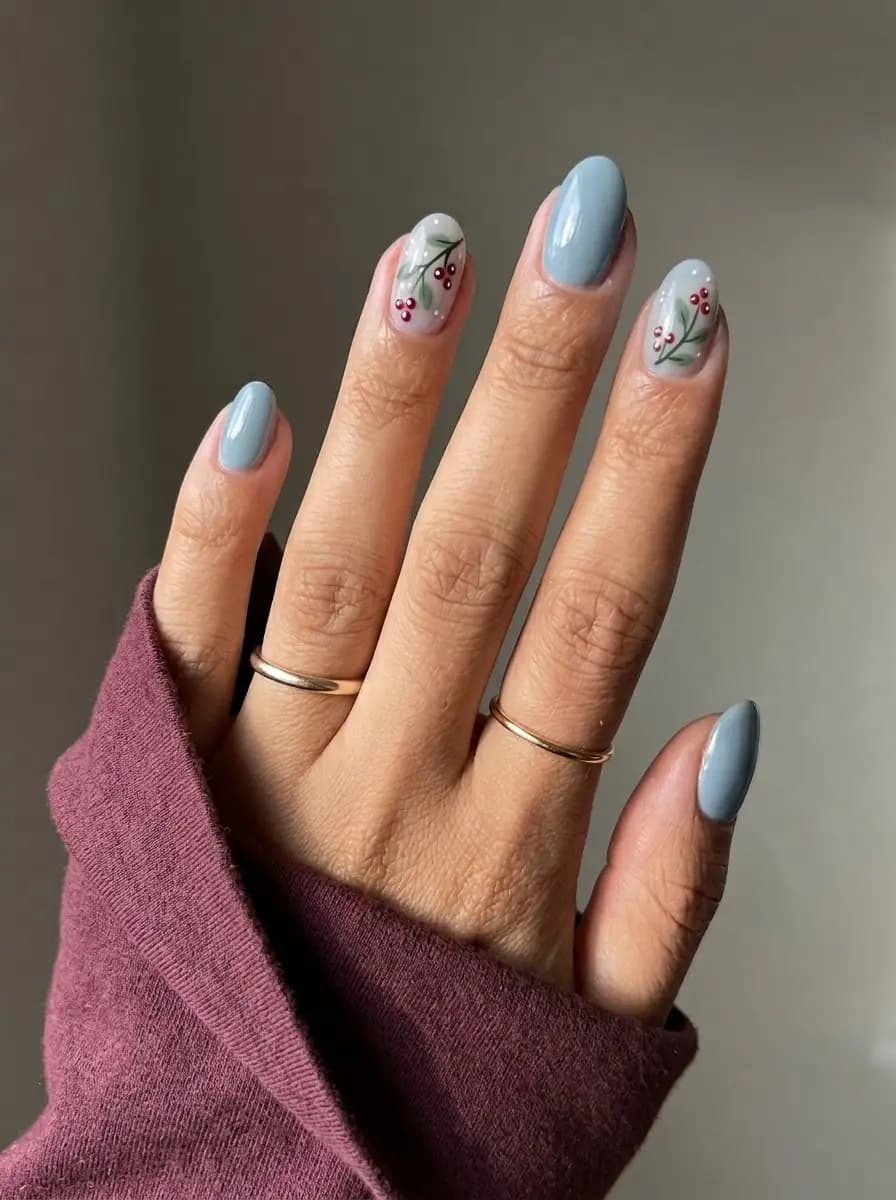 Icy slate blue Christmas nails with delicate green holly branches and red berries
