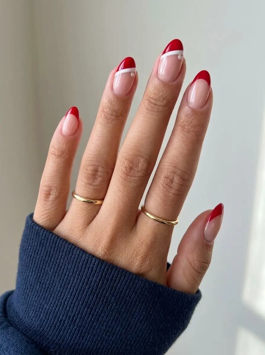 Red French Christmas nails with curved white ribbon line detail below the red tip