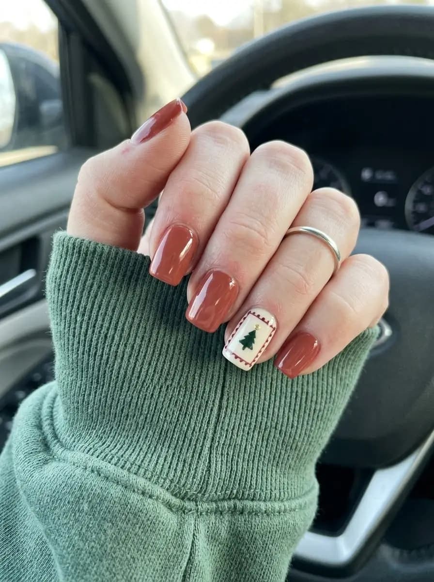Terracotta Christmas nails with miniature framed evergreen tree and gold star accent