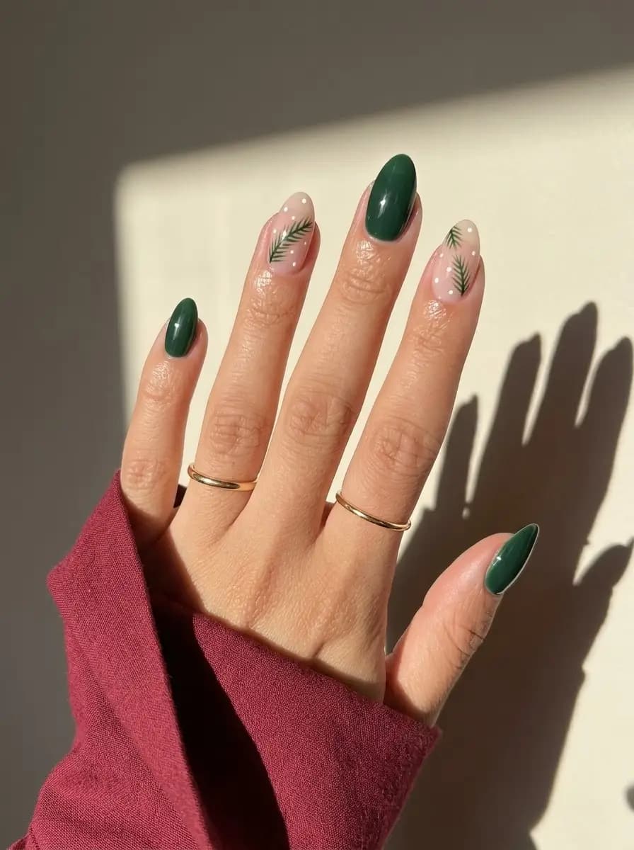 Forest green Christmas nails with delicate botanical pine branch line art and falling snow dots