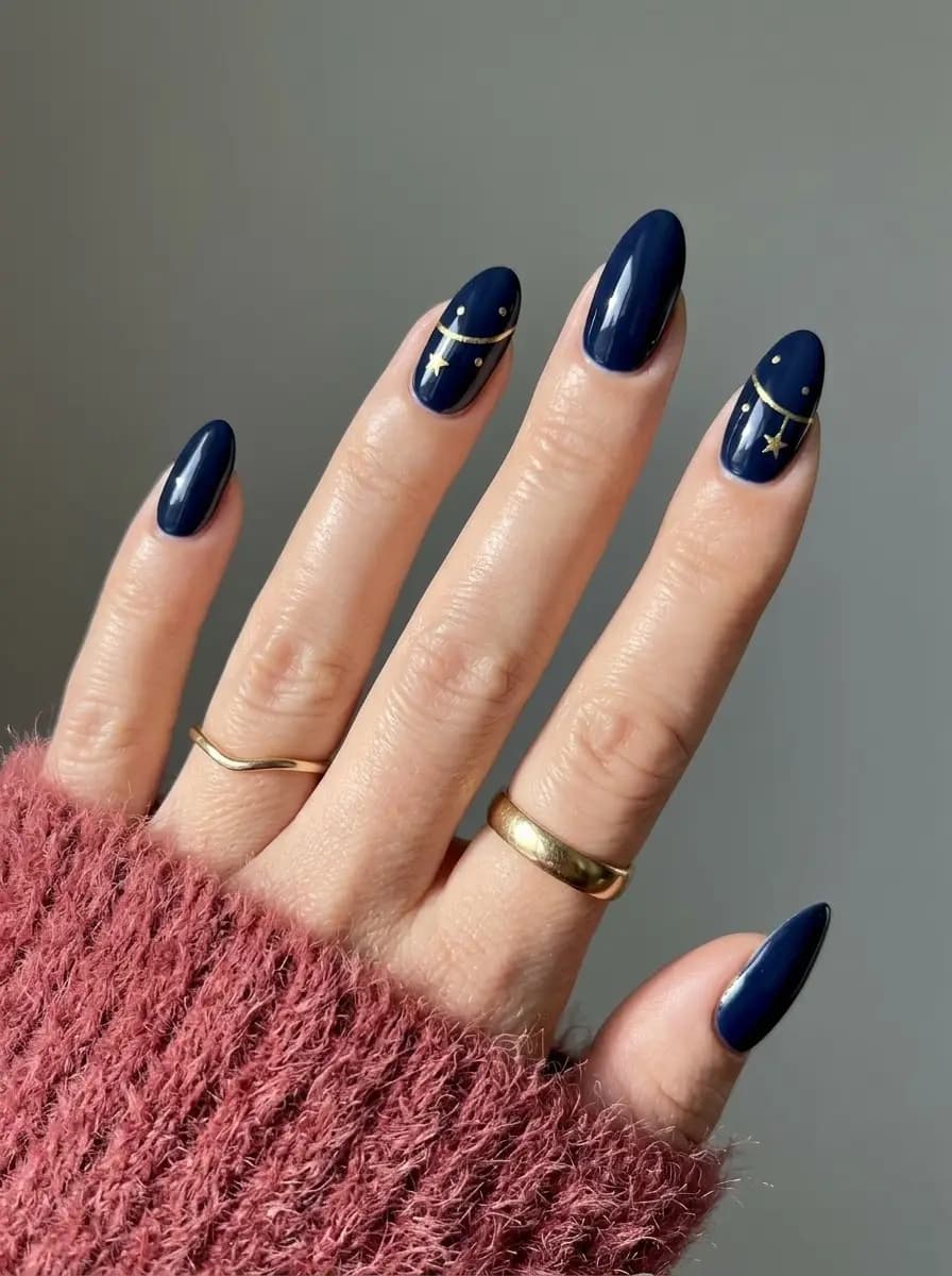 Glossy navy blue celestial Christmas nails with suspended metallic gold stars and crescent moon accents