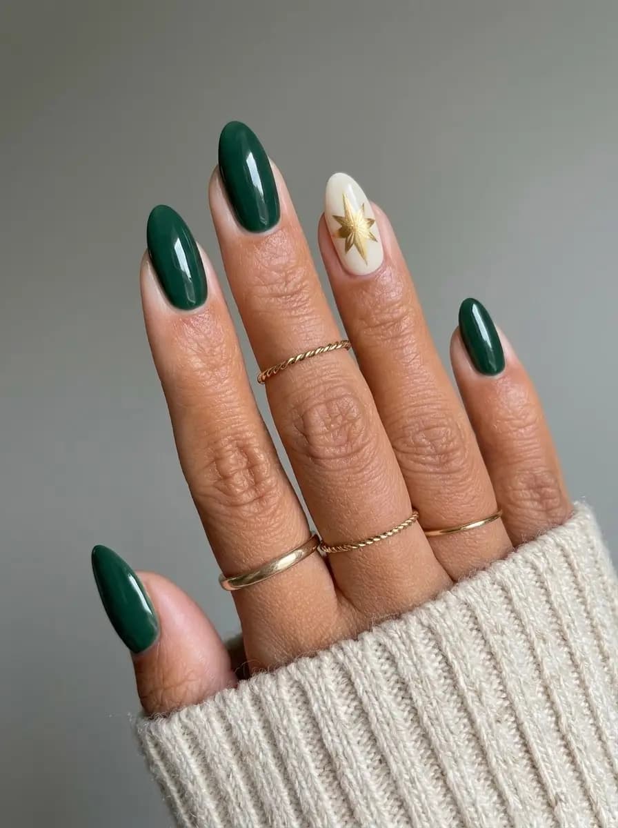 Emerald green Christmas nails with a creamy accent nail featuring a metallic gold starburst