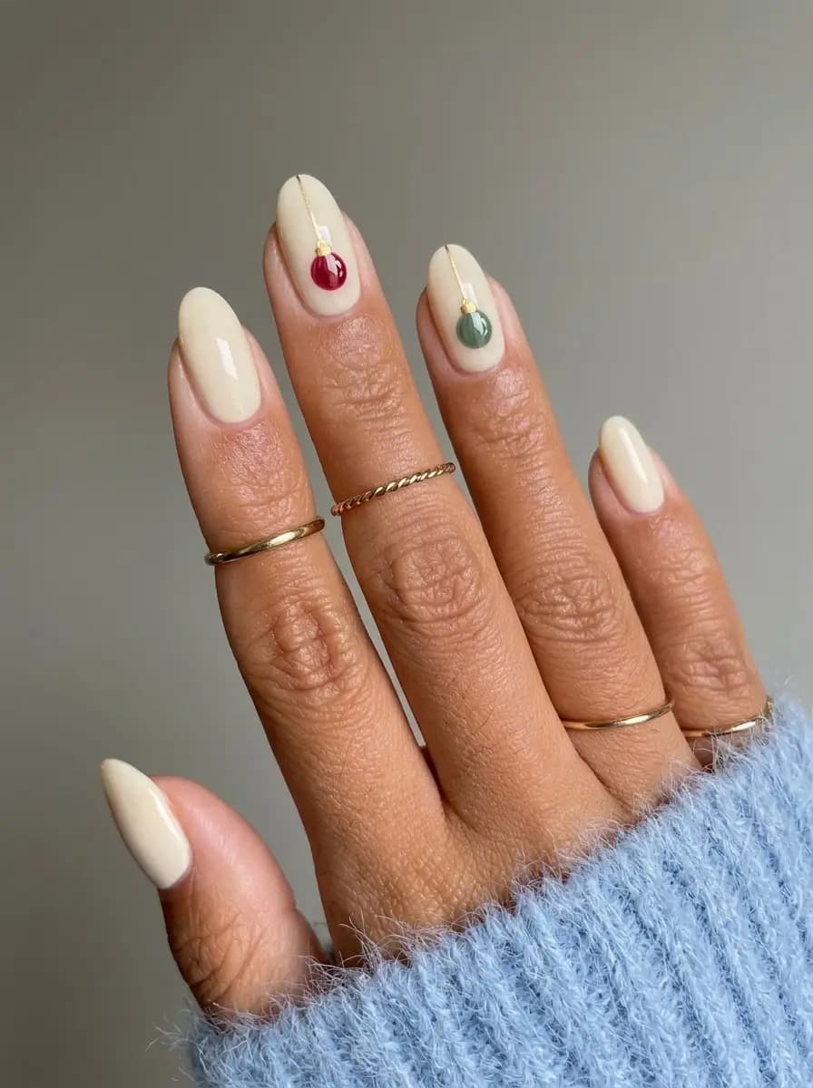 Soft cream Christmas nails with delicate red and green hanging ornament art