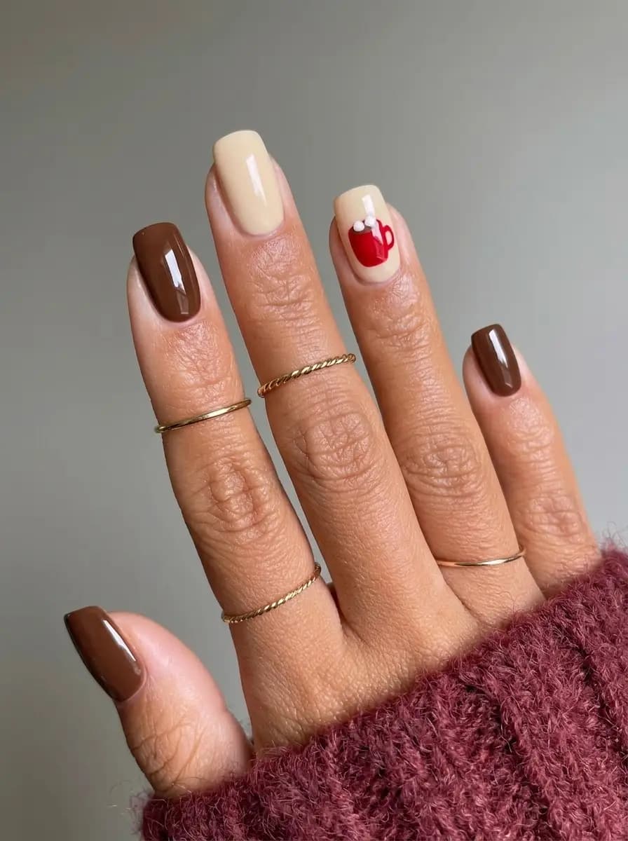 Chocolate brown and cream Christmas nails with a cute miniature hot cocoa mug and marshmallow art