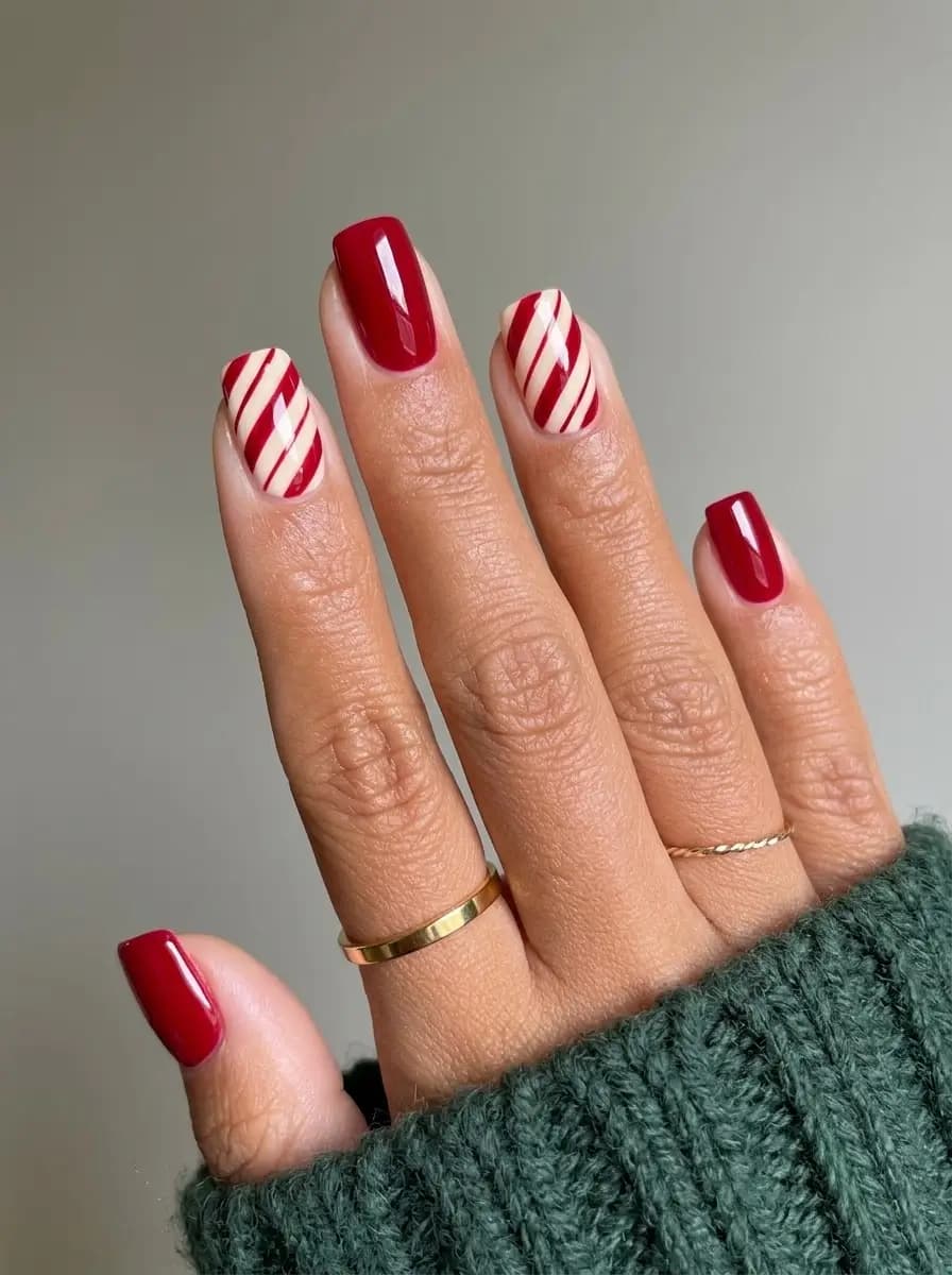 Glossy red candy stripe Christmas nails with diagonal cranberry and white striped accent nails