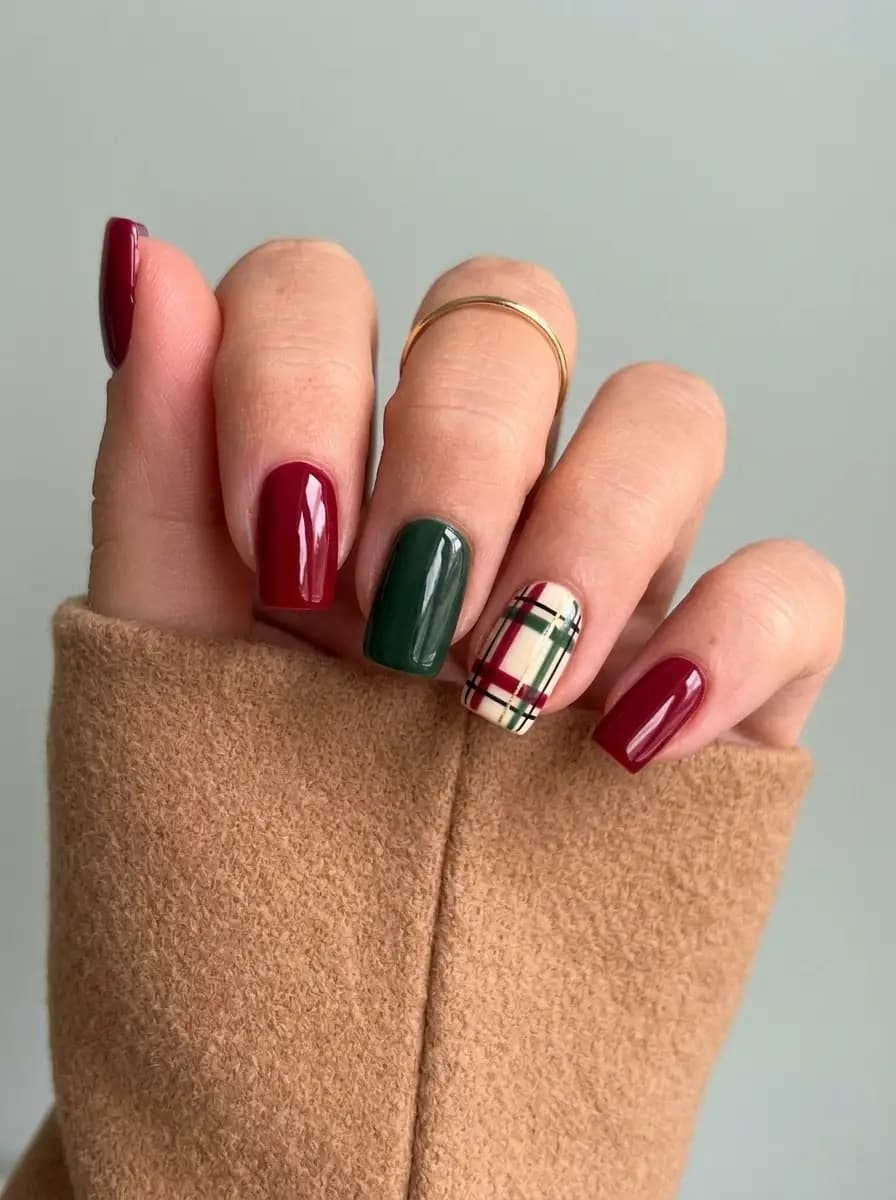 Classic burgundy and green plaid Christmas nails with creamy tartan accent nail