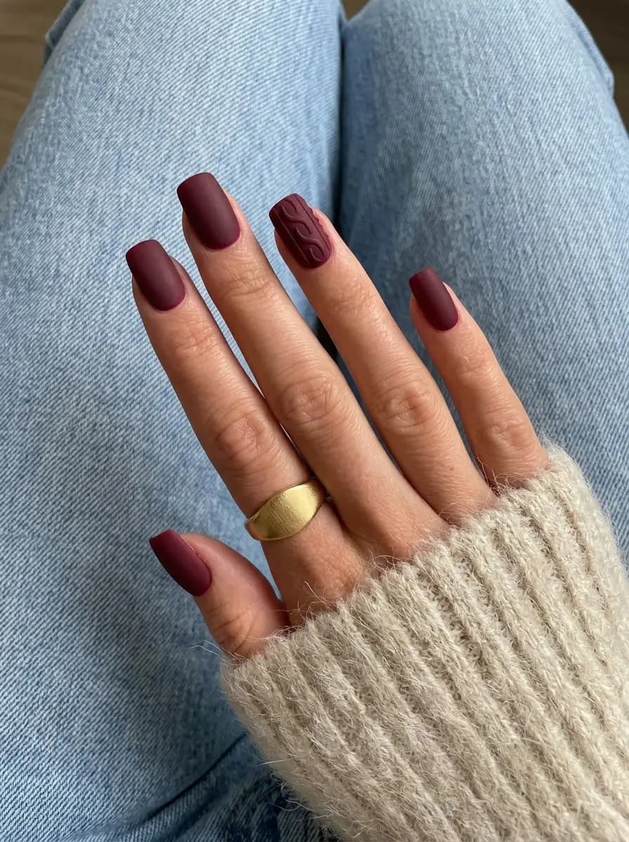 Matte burgundy cable-knit Christmas nails with raised sweater knit texture