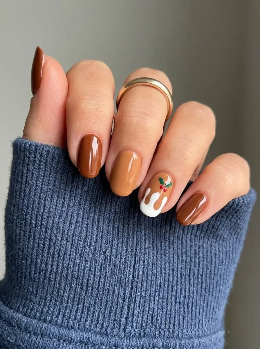 Warm brown Christmas pudding nails with caramel base, white icing drips, and holly berries
