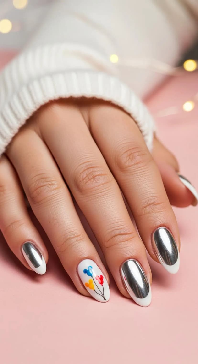 Silver Chrome French Tip + Mickey Balloons