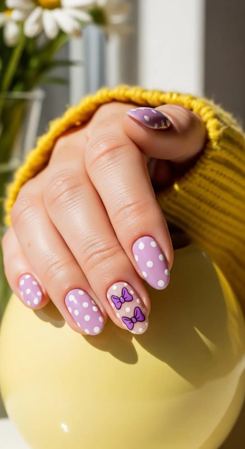 Lavender Polka Dot Bow Nails