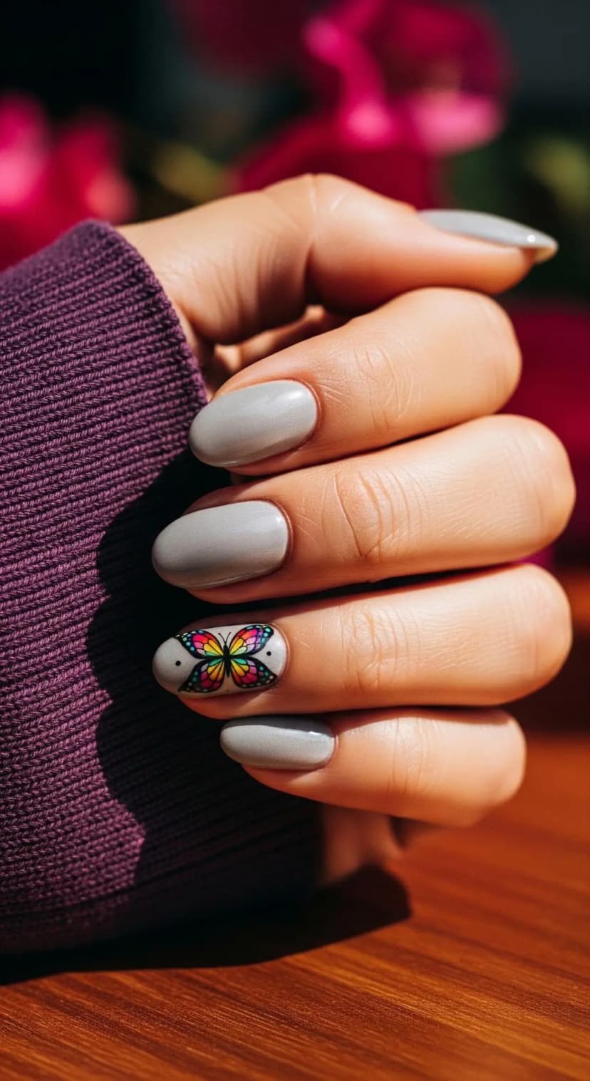 Grey Oval Nails + Butterfly Accent Nail