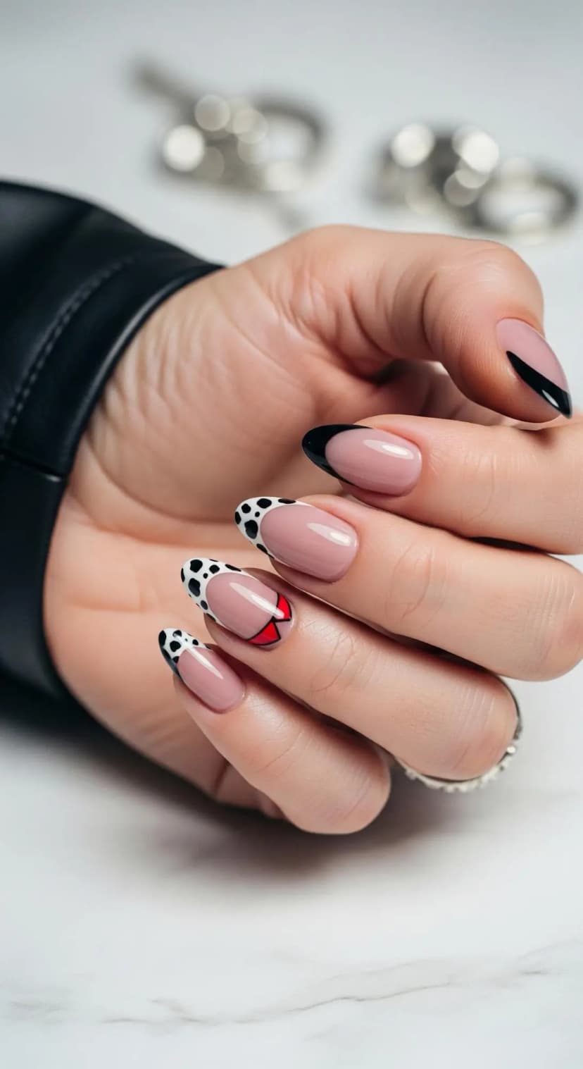 Classic French Tip + Dalmatian Spots + Red Bow Accent