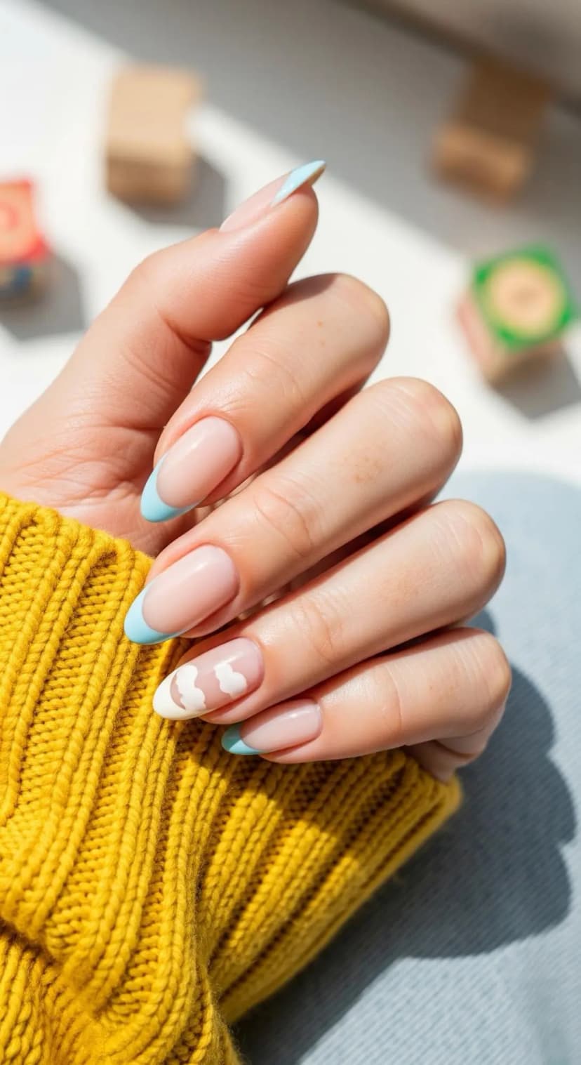 Pale Blue French Tip + Cloud Accent