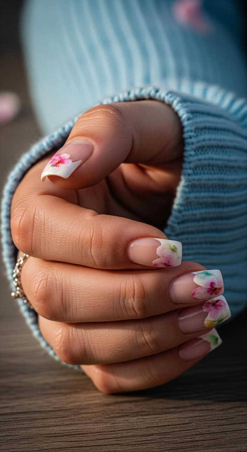 Light Blue Floral French Tip Nails