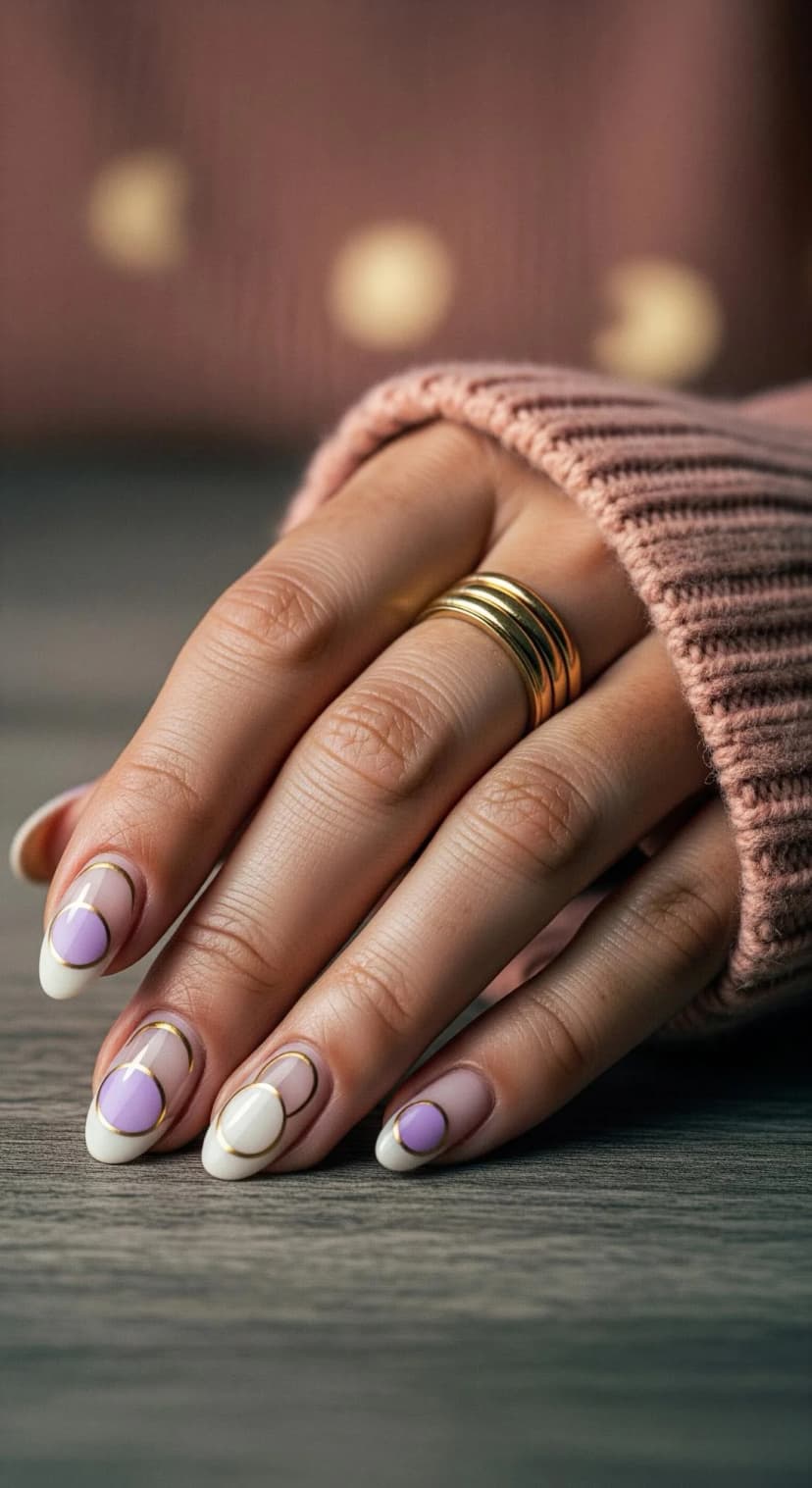 Lavender & White Swirl French Tip Nails with Gold Accents