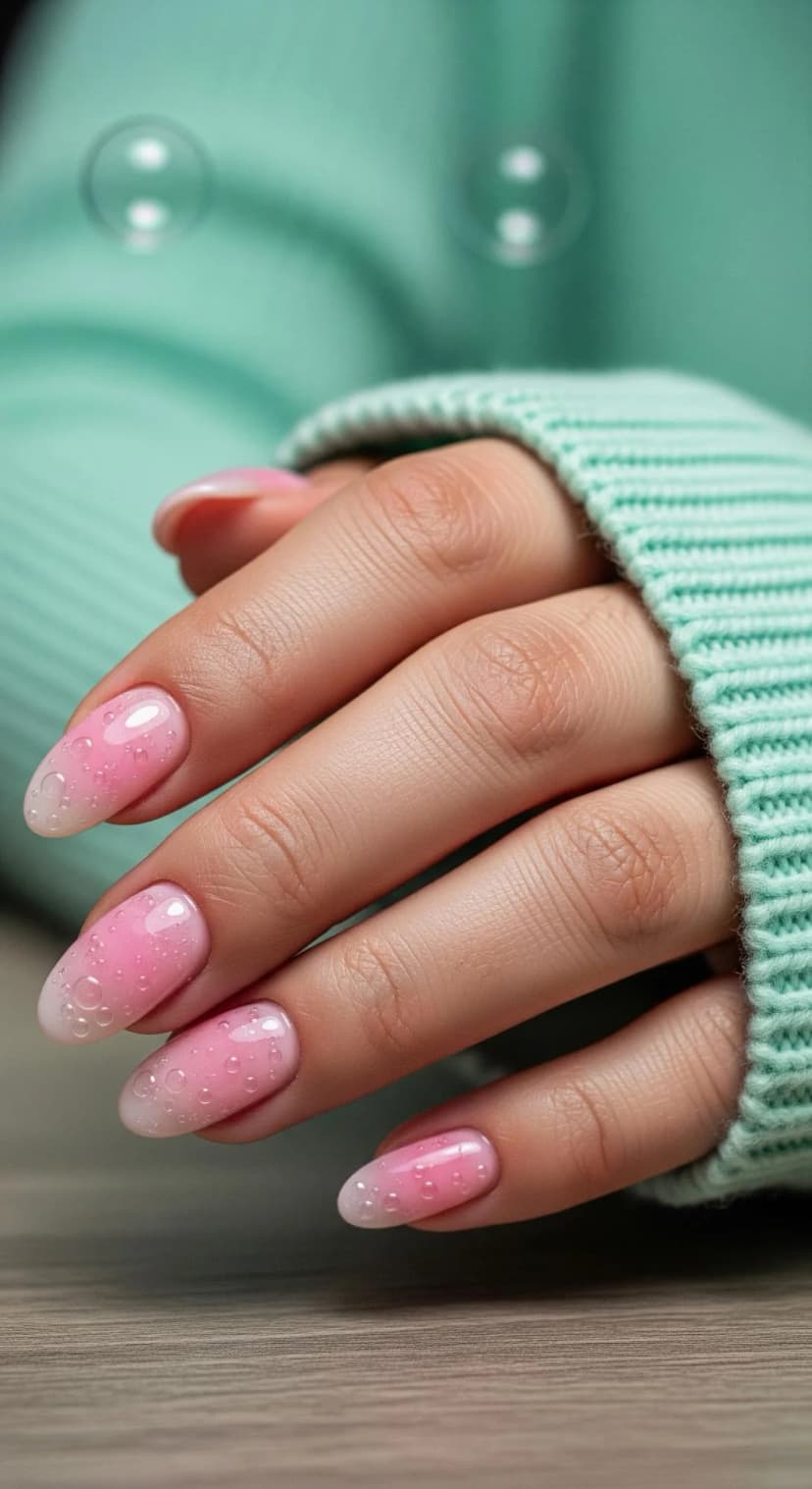 Pink Ombre Gel Nails with 3D Water Droplet Accents