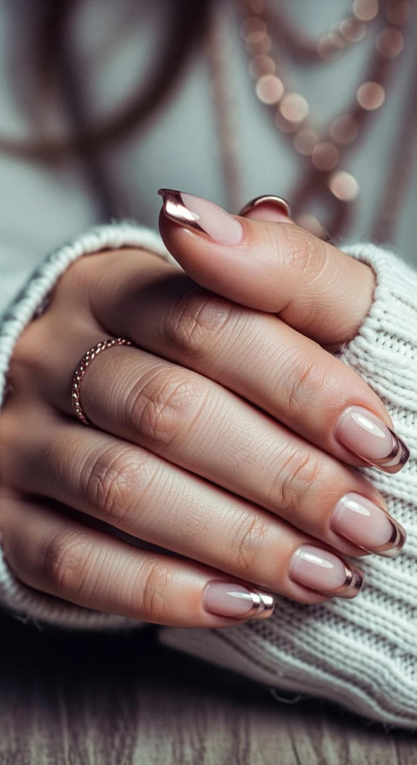 Nude French Manicure with Rose Gold Metallic Tips