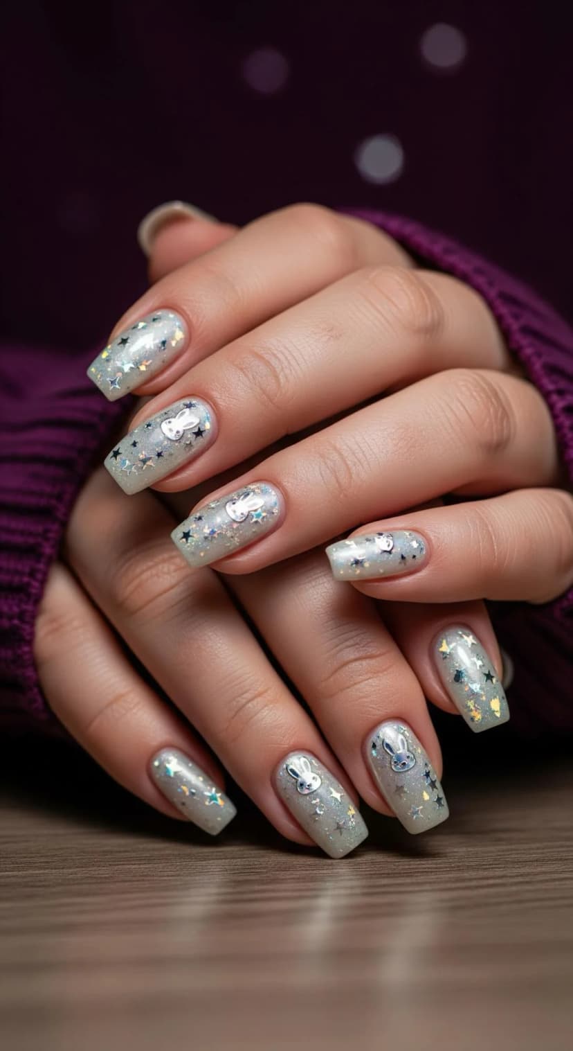 Pale Grey Glitter Nails with Bunny & Silver Star Charms