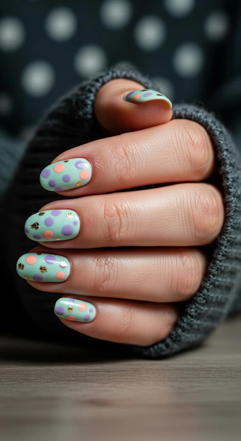 Mint Green Polka Dot Nails with Purple, Peach & Gold Accents