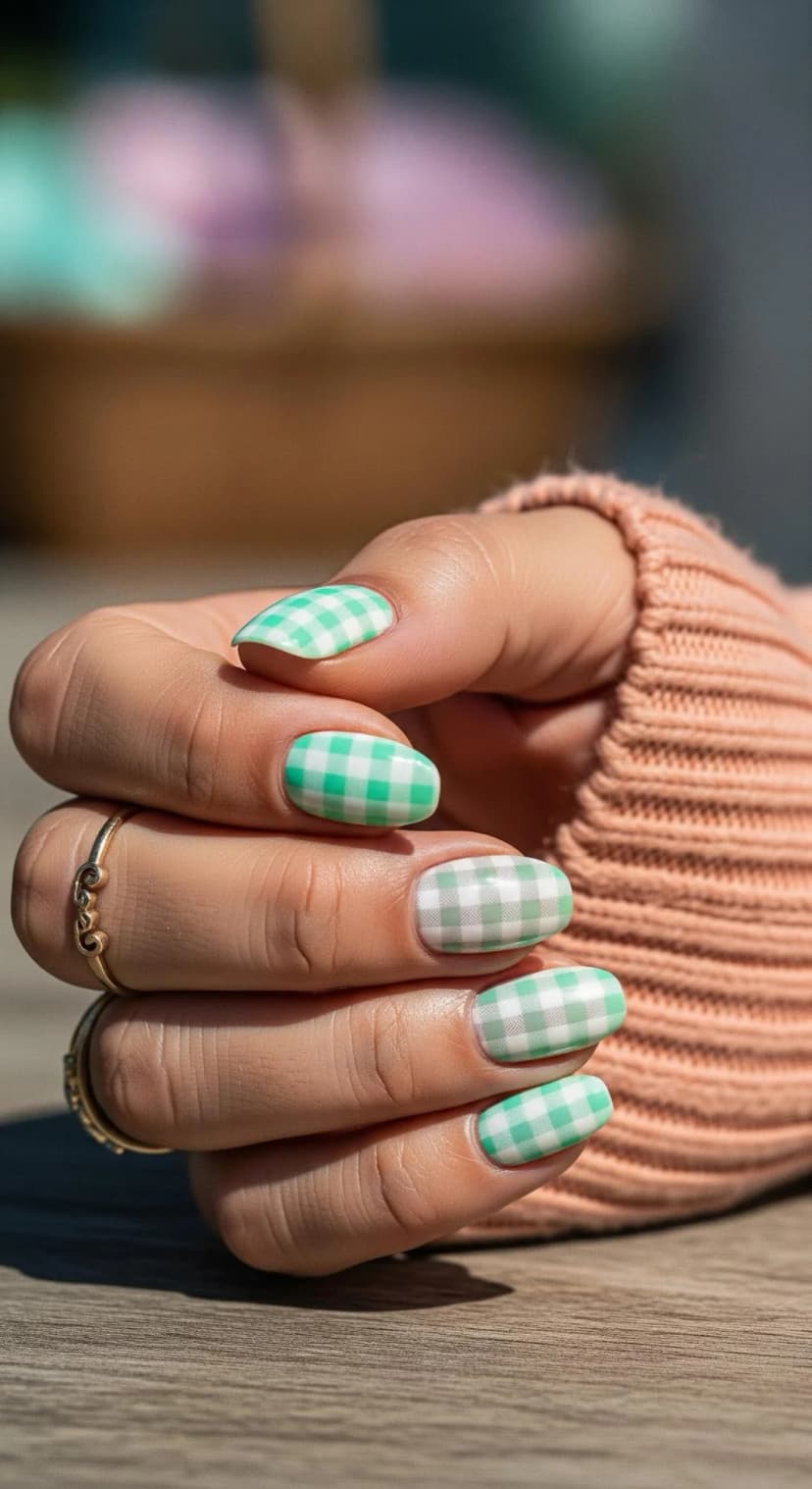 Mint Green Gingham Print Nails