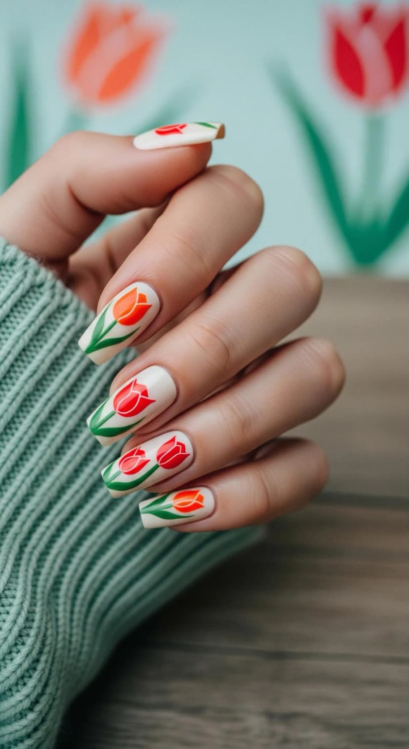 Cream Base Nails with Red & Orange Tulip Art