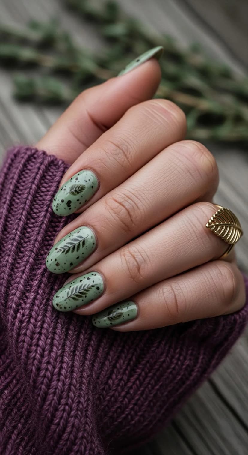 Sage Green Speckled Nails with Dark Green Leaf Accents