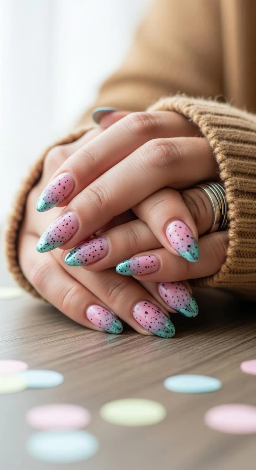 Pink-to-Teal Ombre Speckled Nails