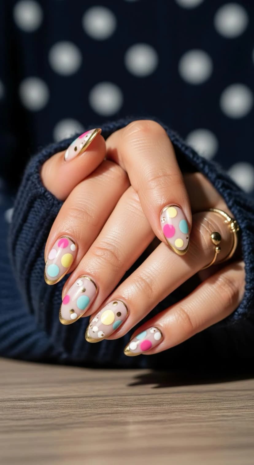 Nude Base Polka Dot Nails with Gold French Tips