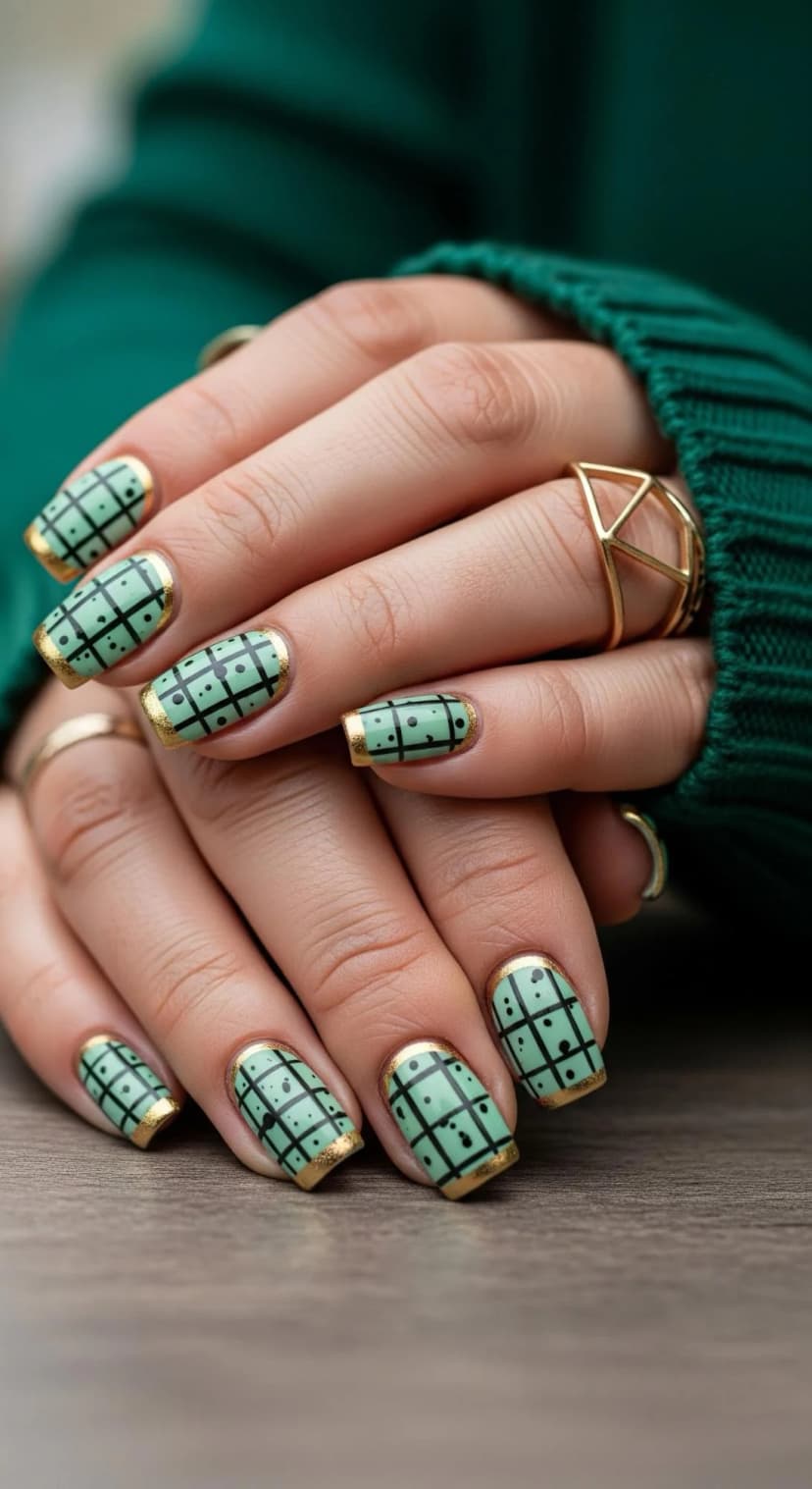 Mint Green Checkered Nails with Gold French Tips