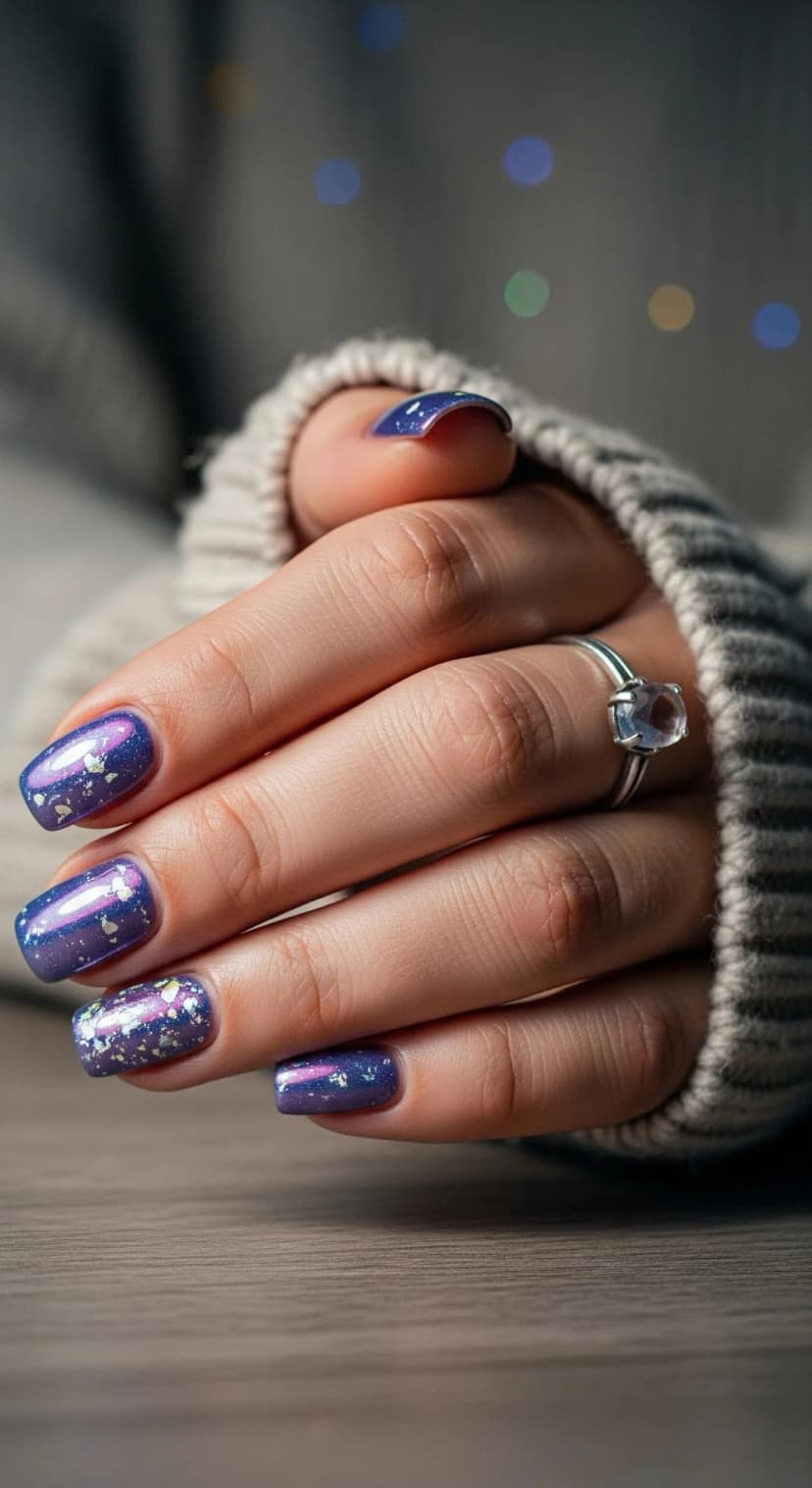 Deep Blue Holographic Nails with Silver Flake Glitter