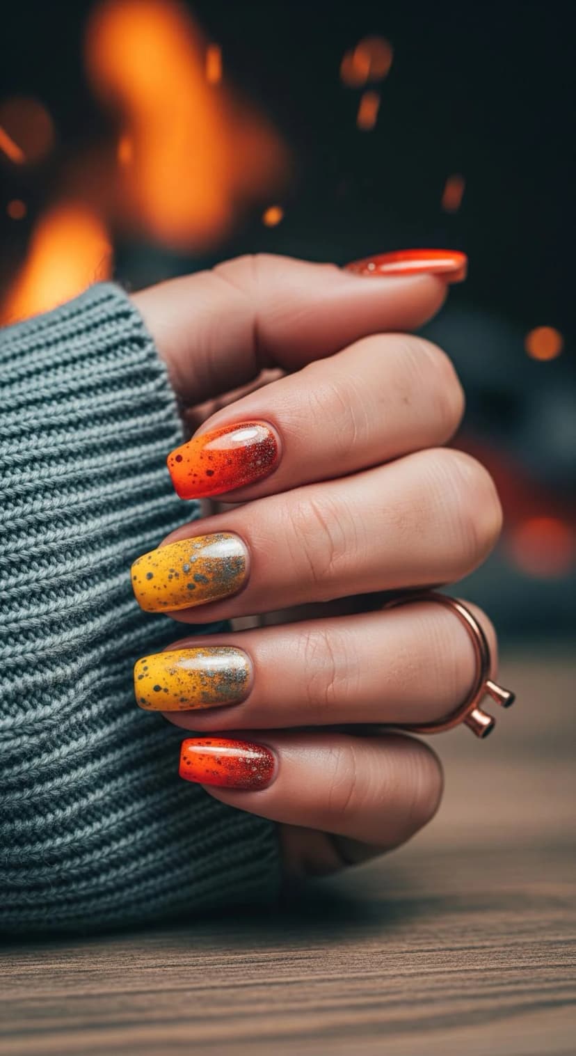 Orange & Yellow Gradient Nails with Speckled Accents