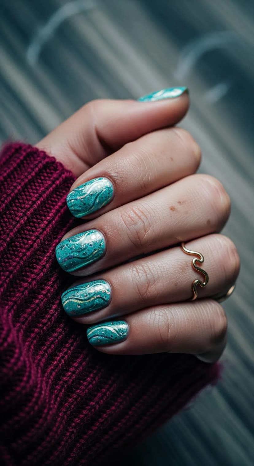 Teal Marble Nails with Gold & Silver Accents