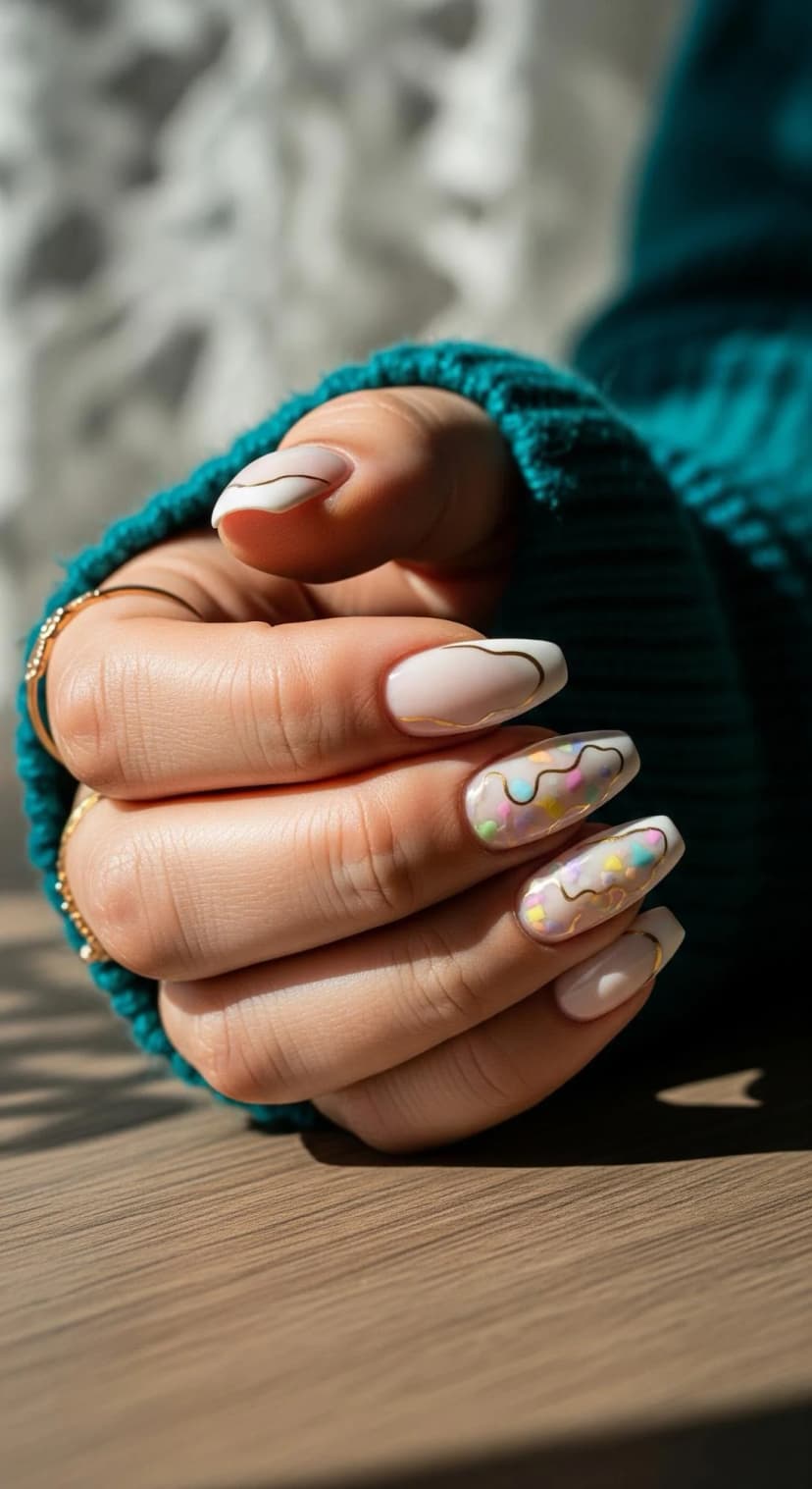 Cream Swirl Nails with Pastel Speckled Egg Accents & Gold Details