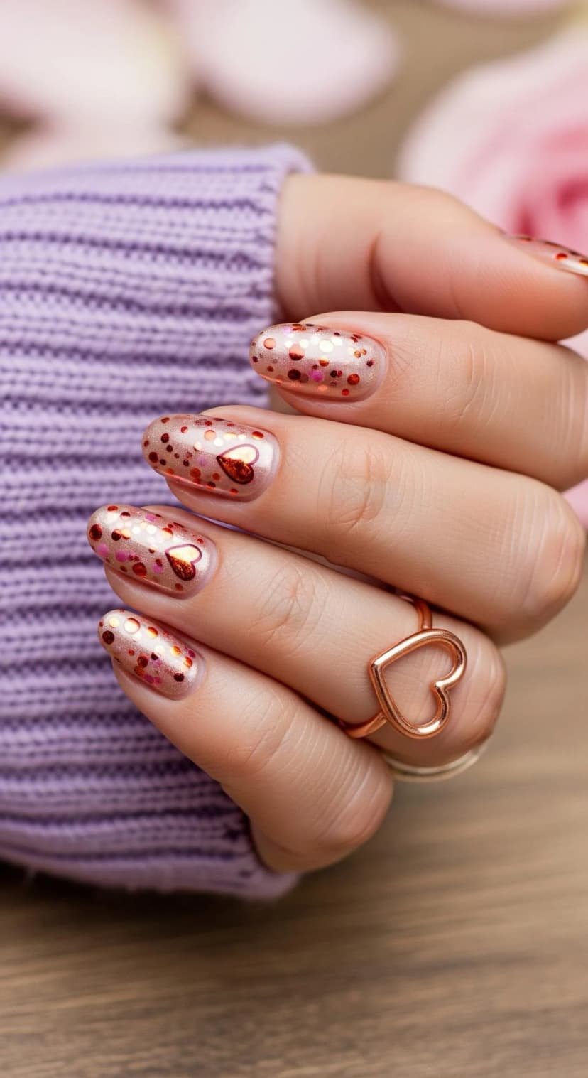Lilac Nails with Rose Gold Glitter Hearts