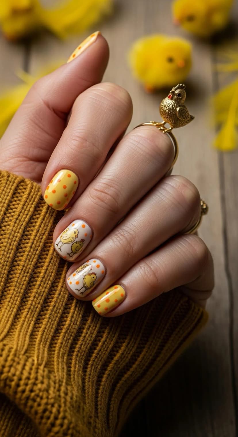 Yellow Polka Dot Nails with White Chick Nail Art