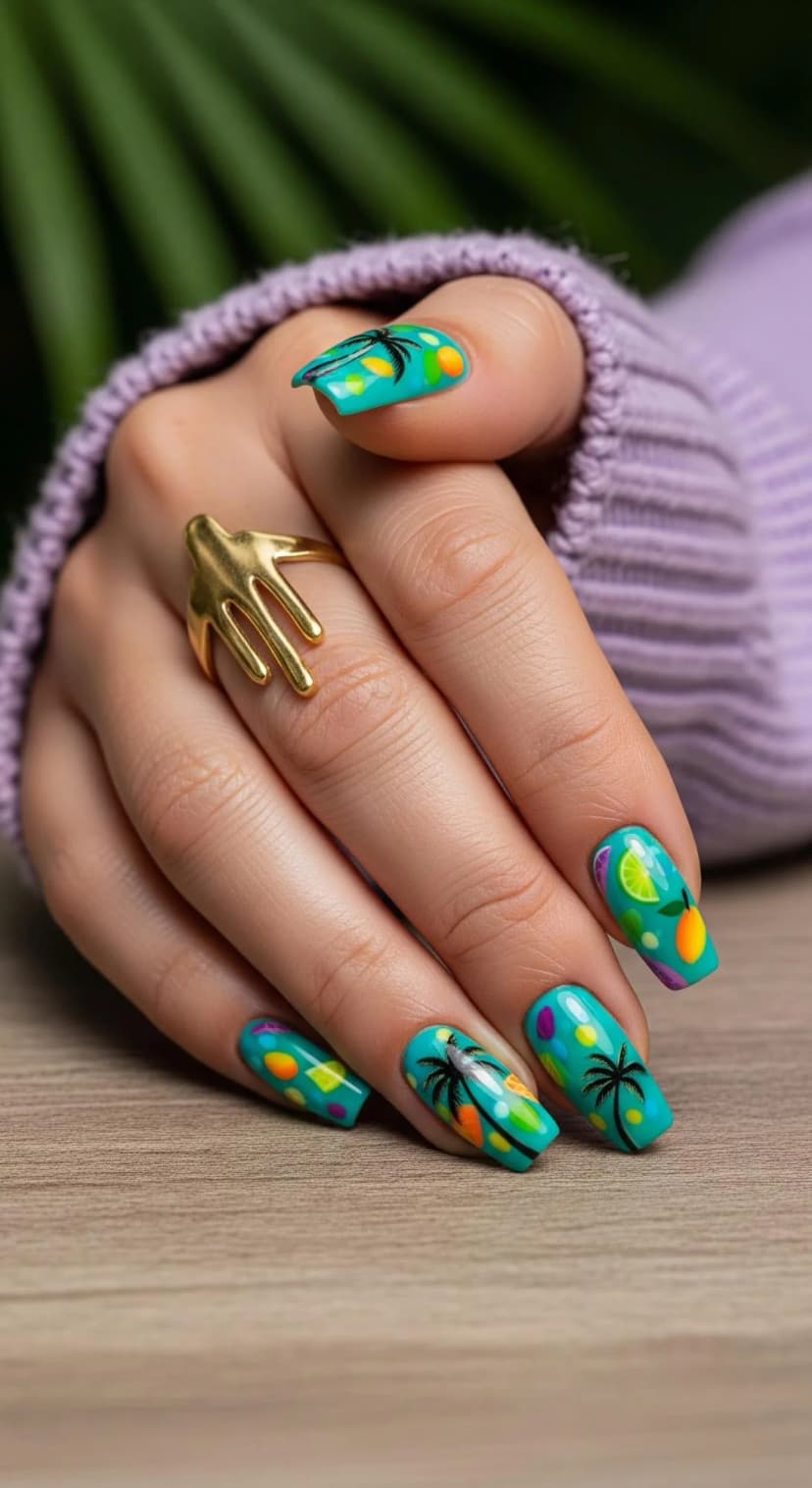 Teal Tropical Print Nails