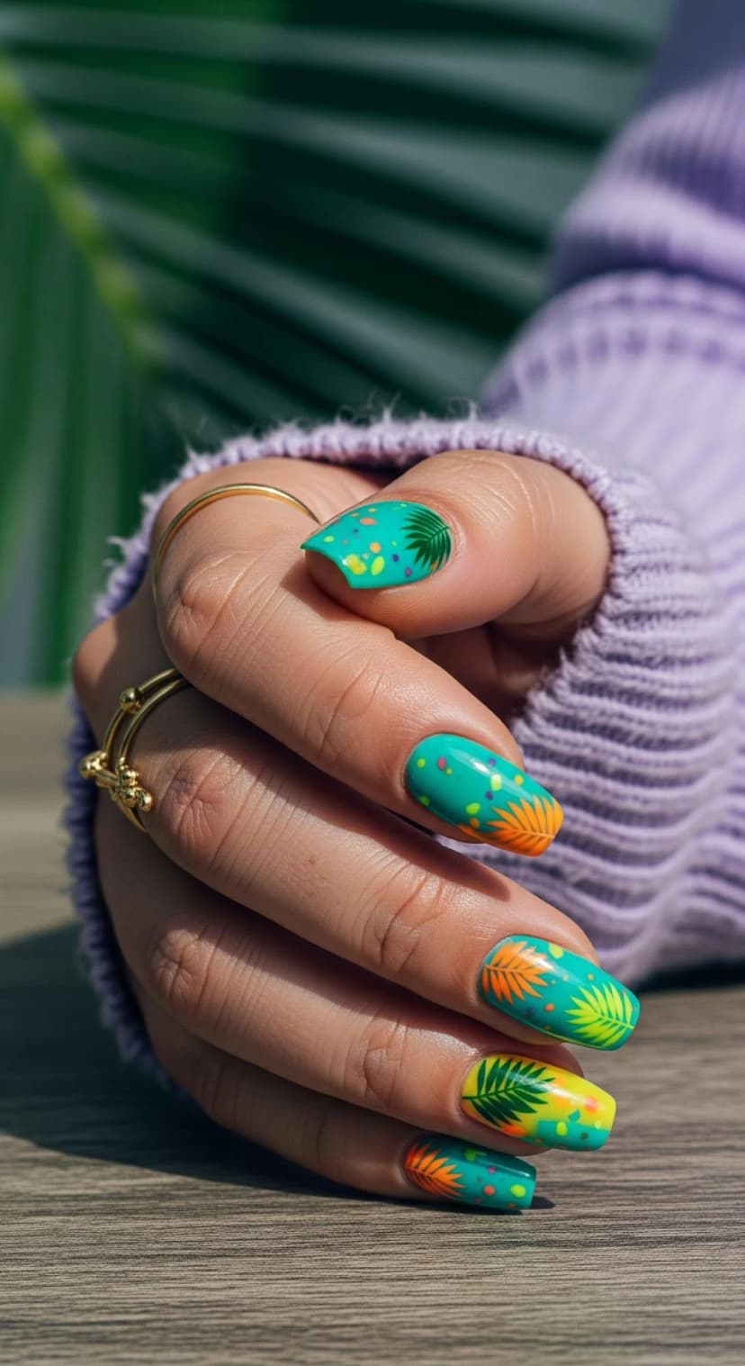 Teal Tropical Print Nails