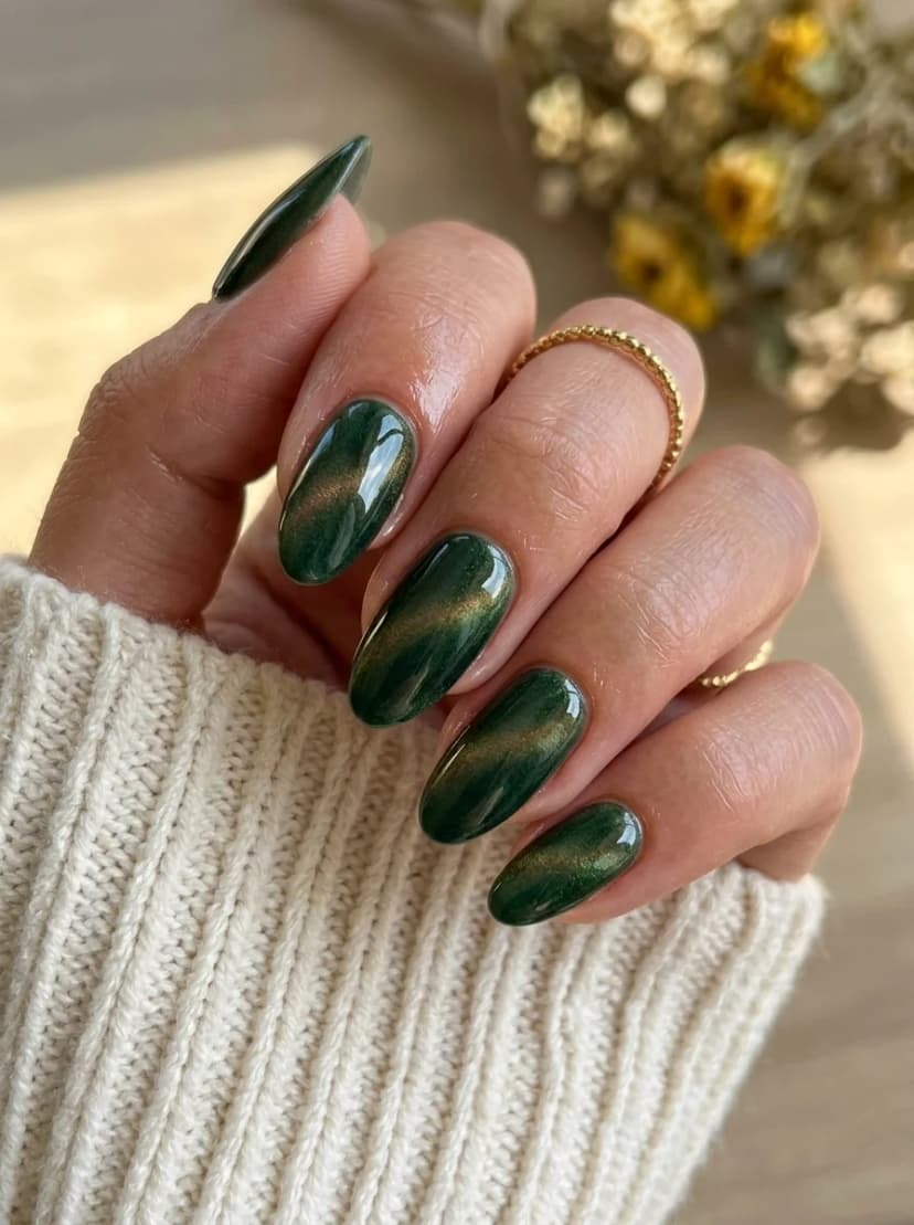 Deep Green Cat-Eye Nails