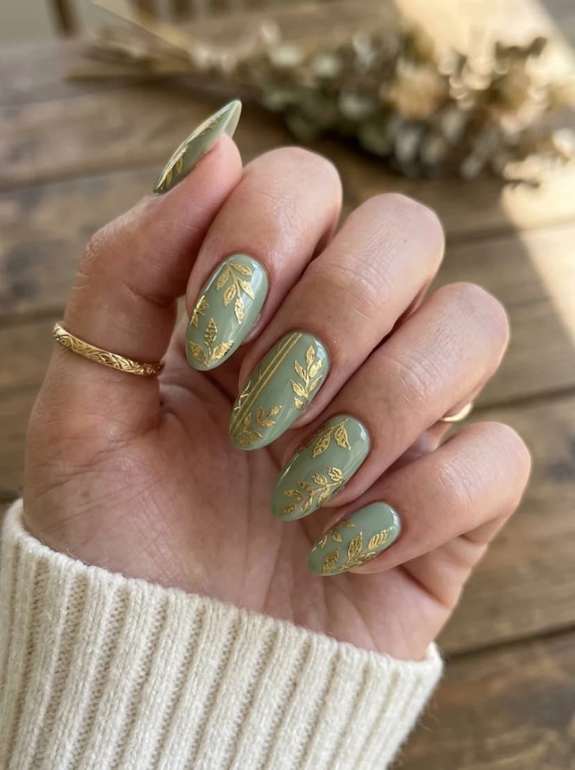 Sage Green with Gold Botanical Art