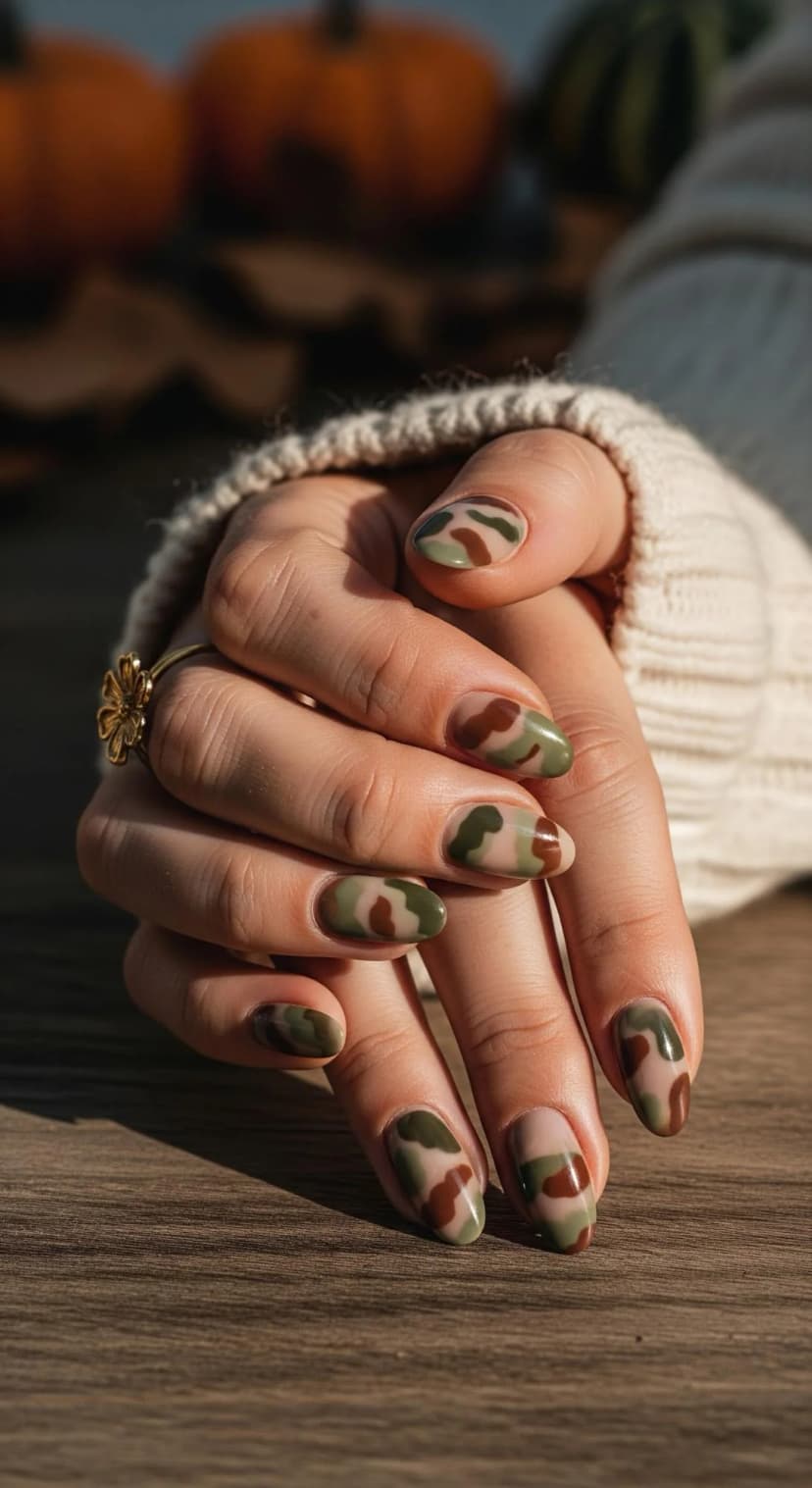 Camouflage Print Nails with Soft Neutral Tones
